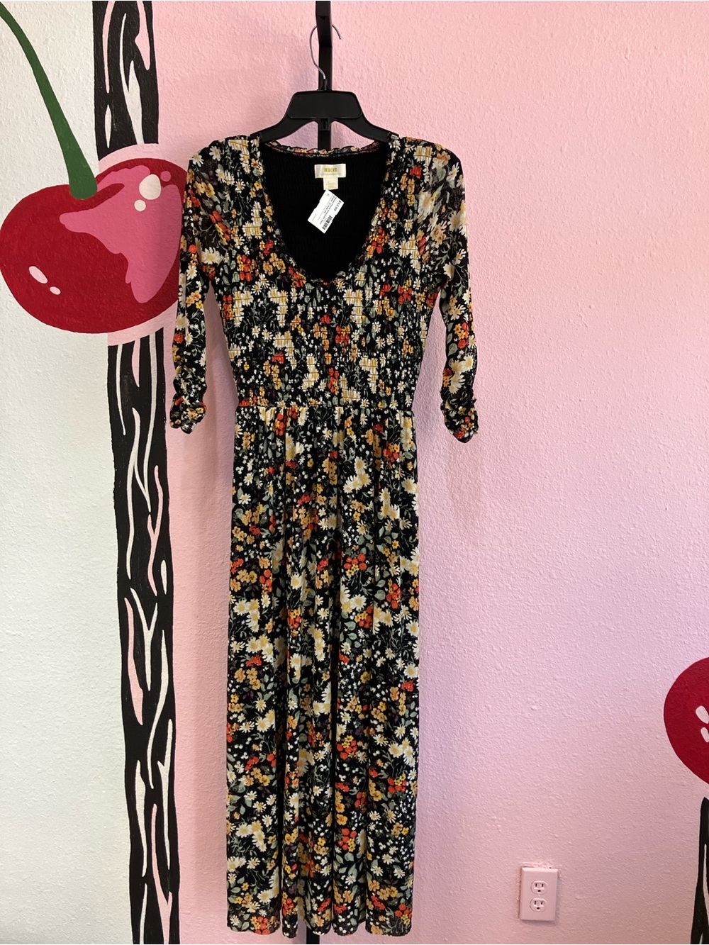 Maeve Black 3/4 sleeve Floral Smocked Maxi Dress size XS